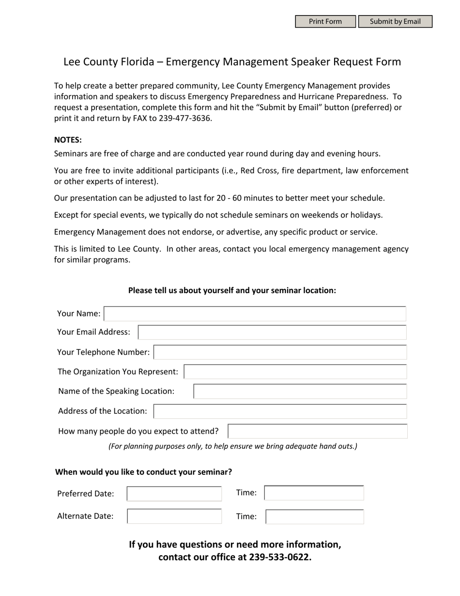 Emergency Management Speaker Request Form - Lee County, Florida, Page 1