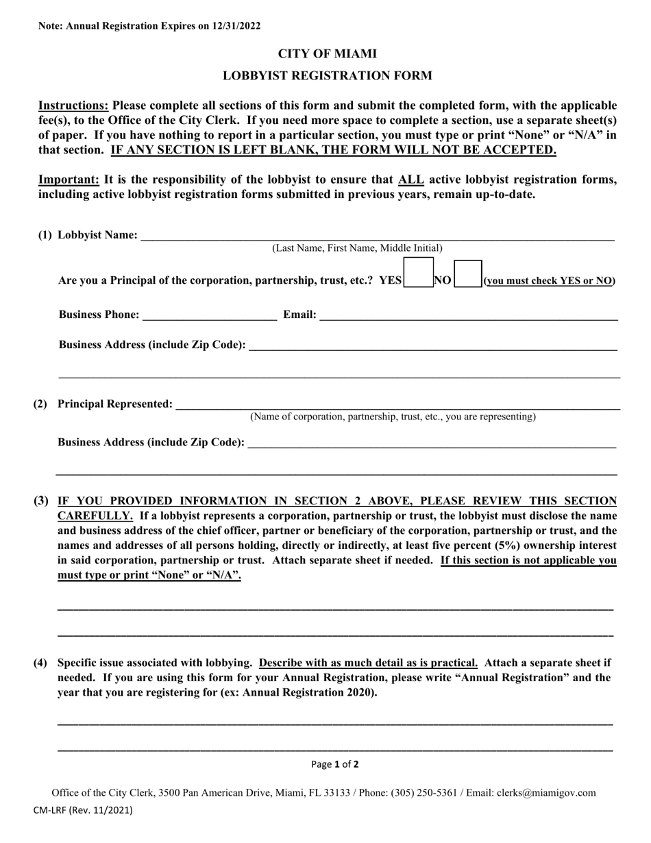 Form CM-LRF Lobbyist Registration Form - City of Miami, Florida, Page 1
