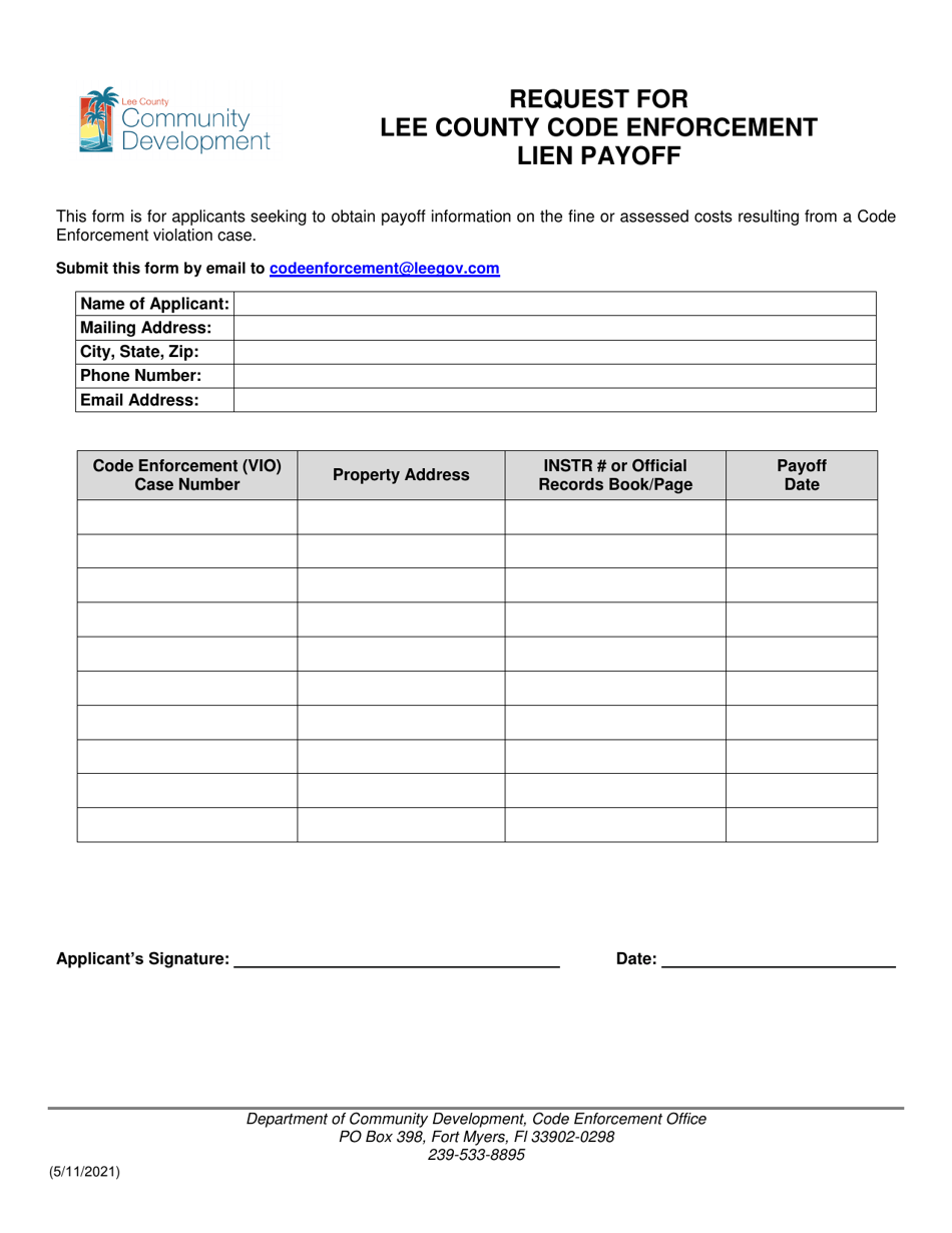 Request for Lee County Code Enforcement Lien Payoff - Lee County, Florida, Page 1