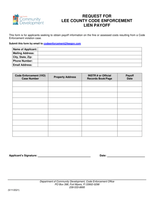 Request for Lee County Code Enforcement Lien Payoff - Lee County, Florida Download Pdf
