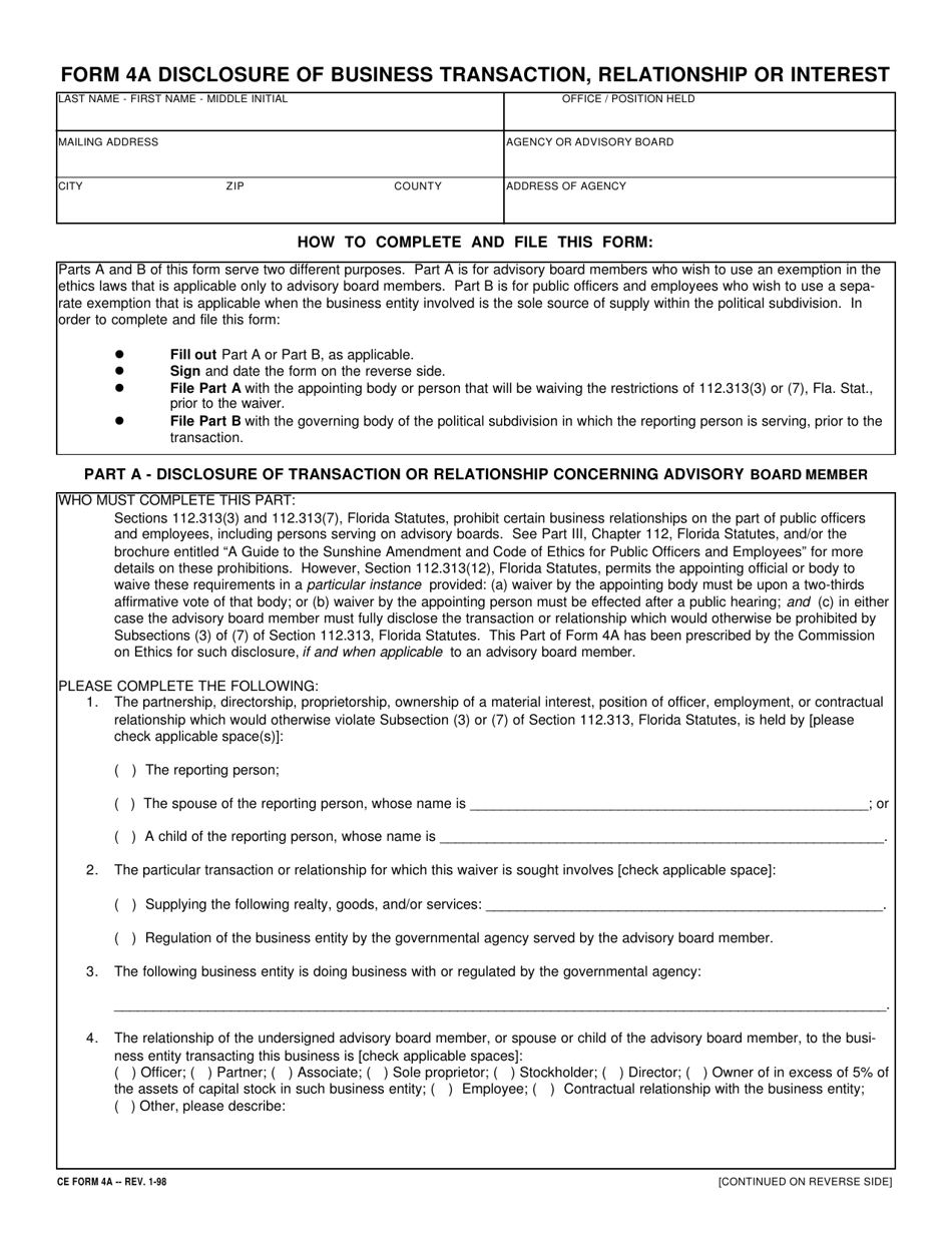 CE Form 4A Disclosure of Business Transaction, Relationship or Interest - Florida, Page 1