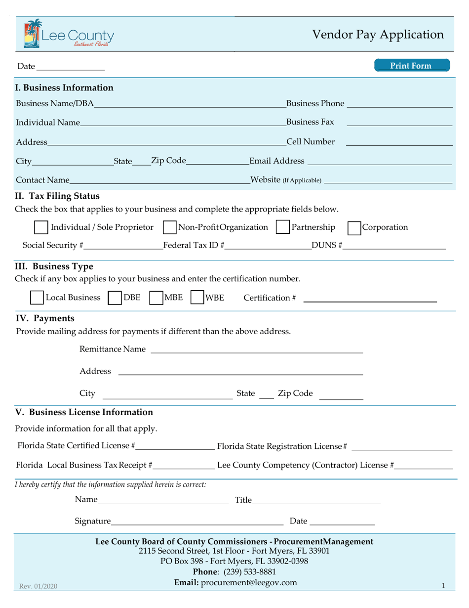 Vendor Pay Application - Lee County, Florida, Page 1