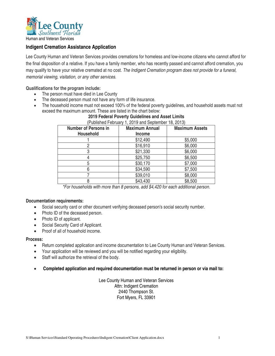 Indigent Cremation Assistance Application - Lee County, Florida, Page 1