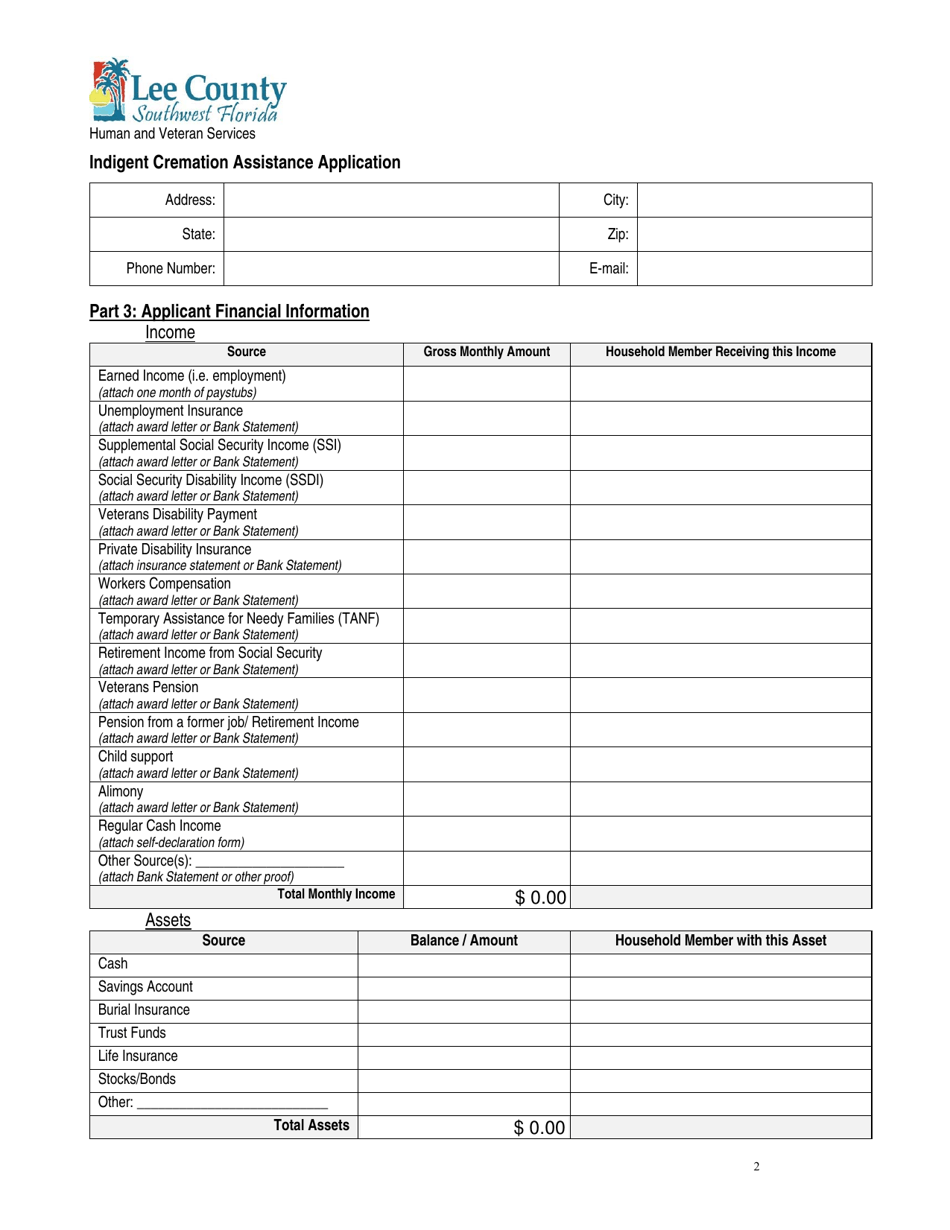 Indigent Cremation Assistance Application - Lee County, Florida, Page 3