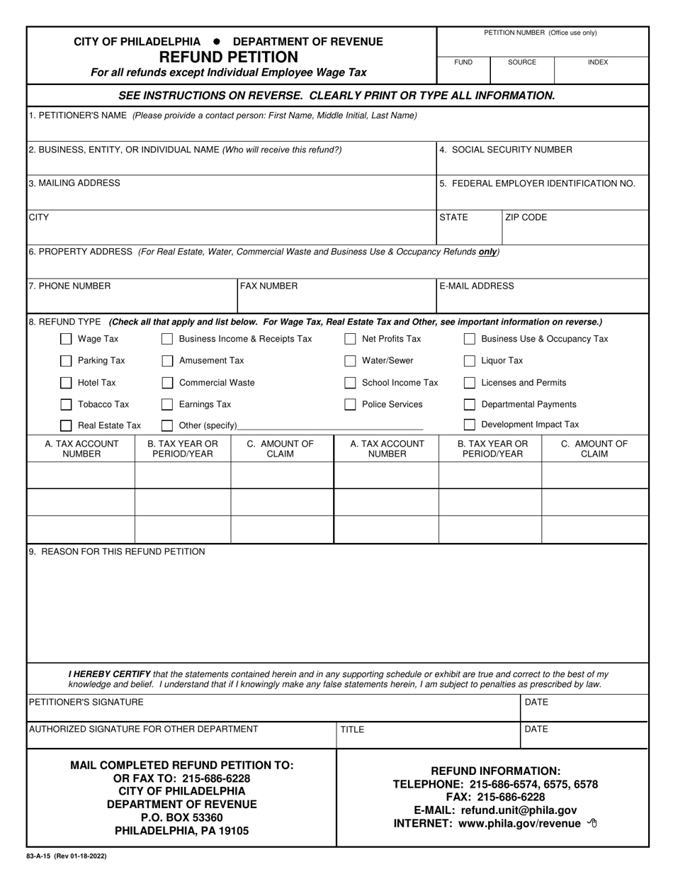Form 83-A-15 Refund Petition - City of Philadelphia, Pennsylvania, Page 1