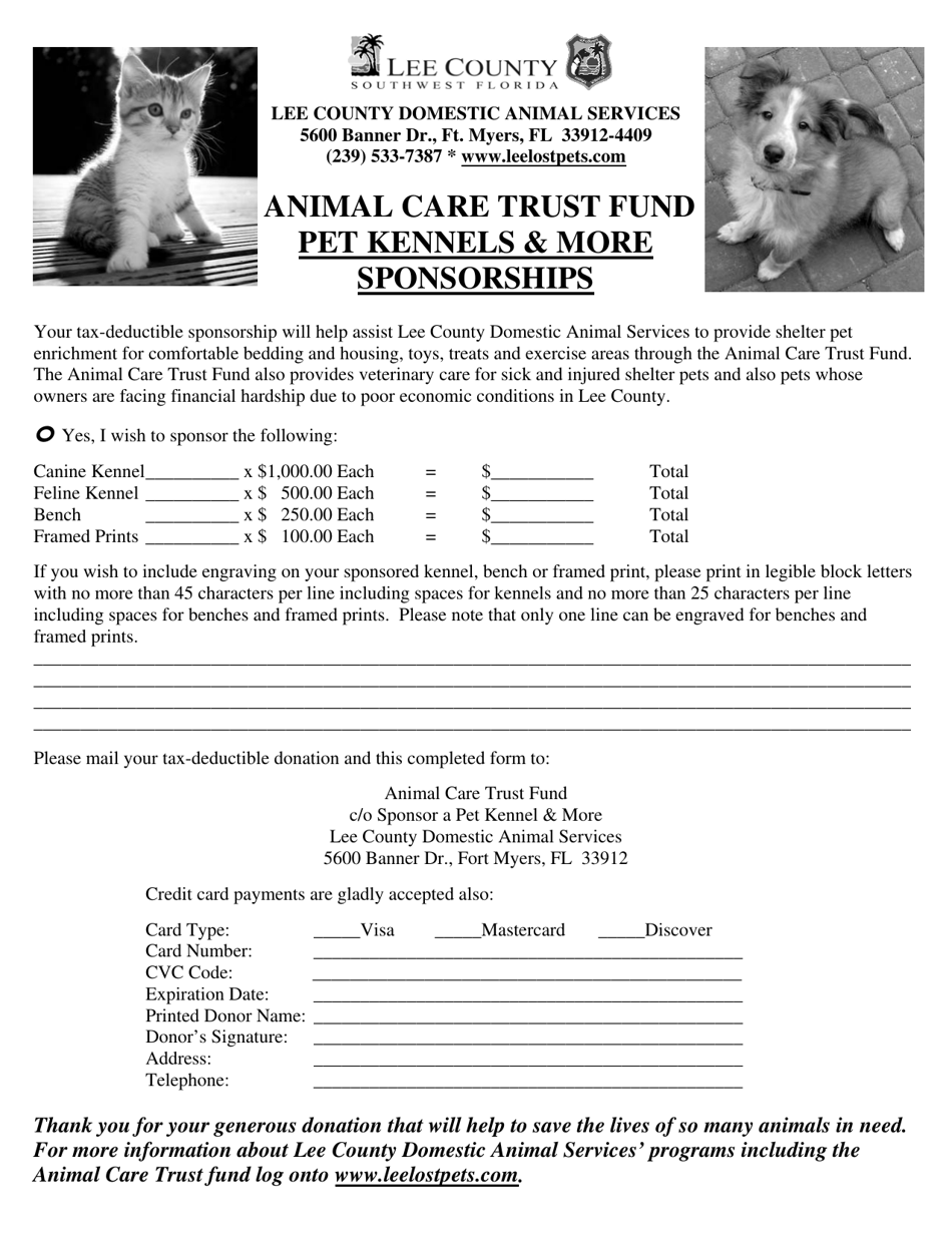 Animal Care Trust Fund Pet Kennels  More Sponsorships - Lee County, Florida, Page 1