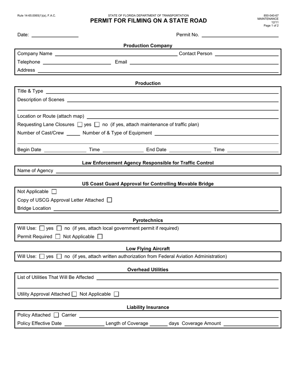 Form 850-040-67 Permit for Filming on a State Road - Florida, Page 1