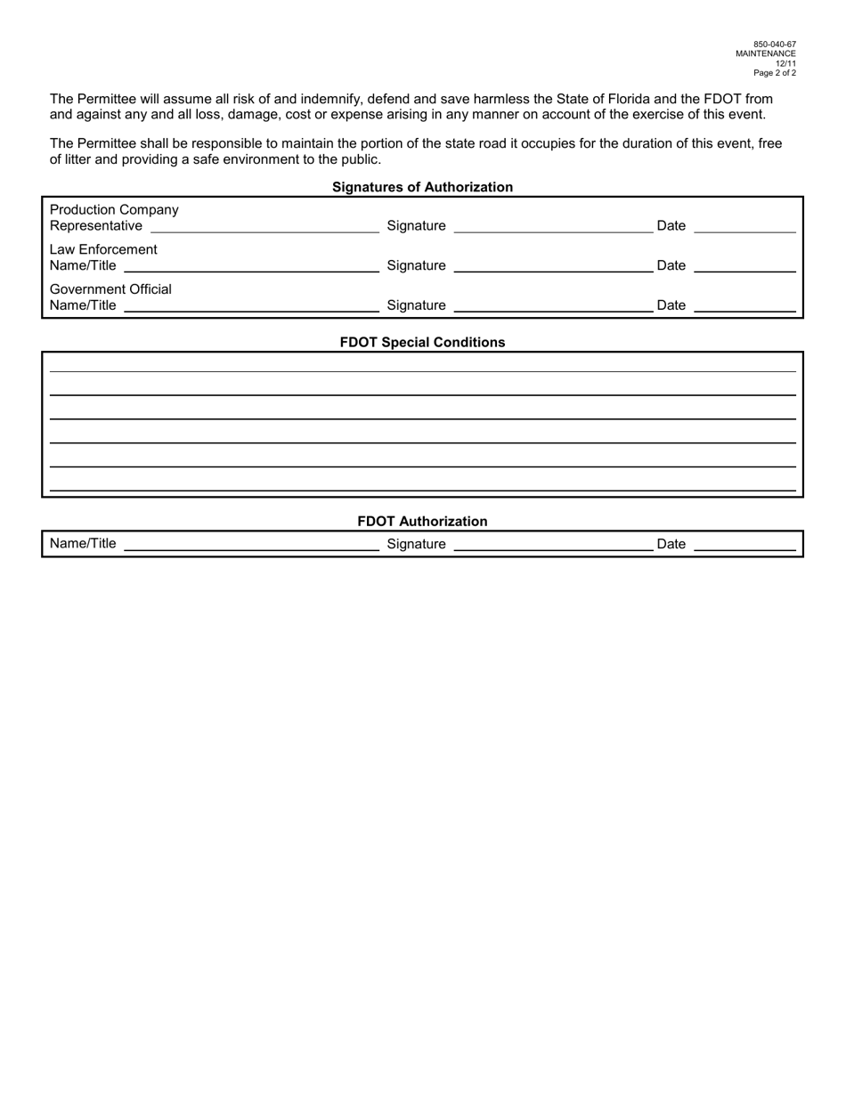 Form 850-040-67 Permit for Filming on a State Road - Florida, Page 2
