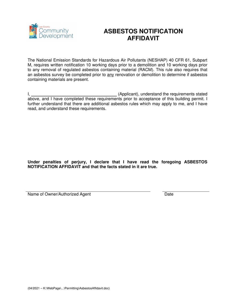 Asbestos Notification Affidavit - Lee County, Florida, Page 1