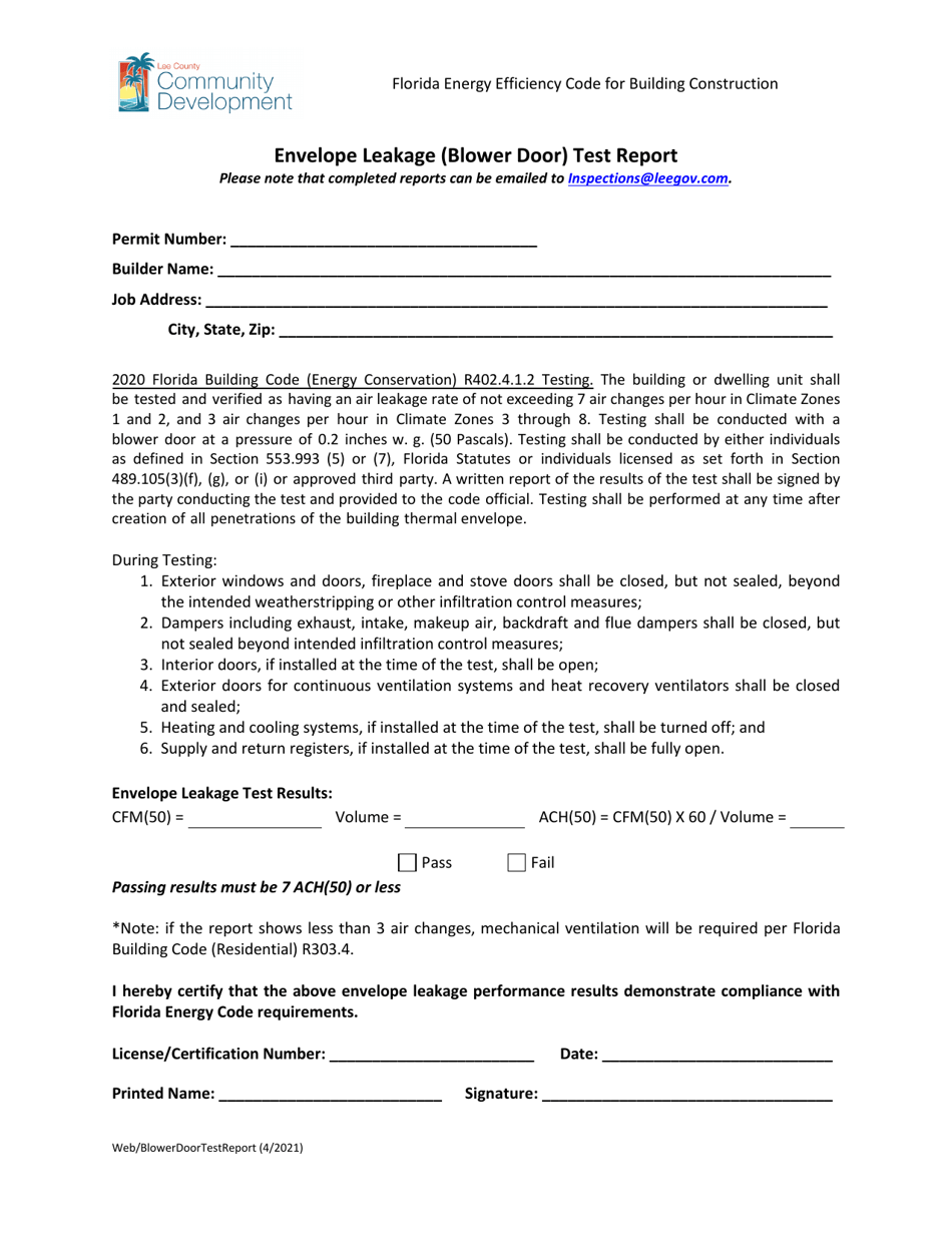 Lee County, Florida Envelope Leakage (Blower Door) Test Report Fill