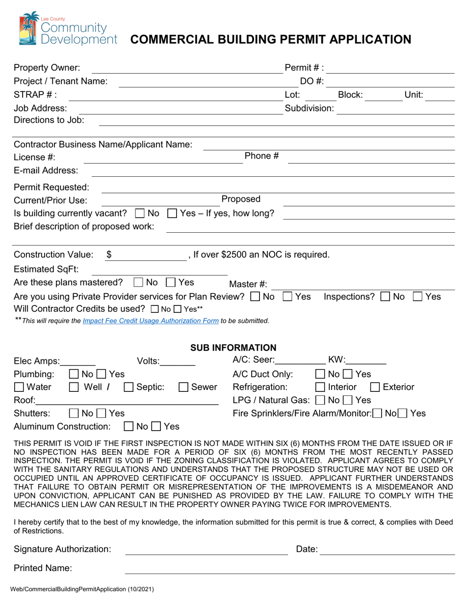 Commercial Building Permit Application - Lee County, Florida, Page 1