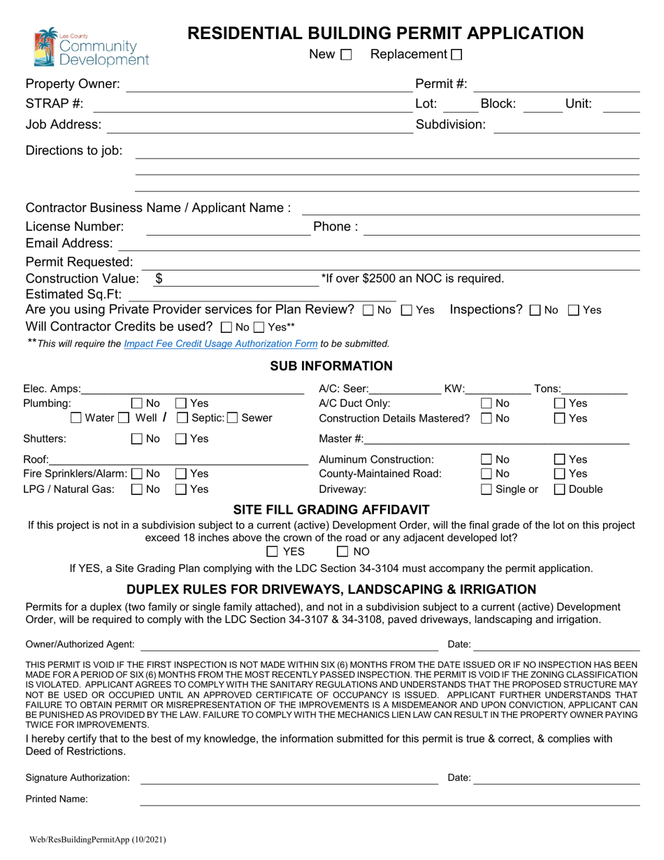 Residential Building Permit Application - Lee County, Florida, Page 1