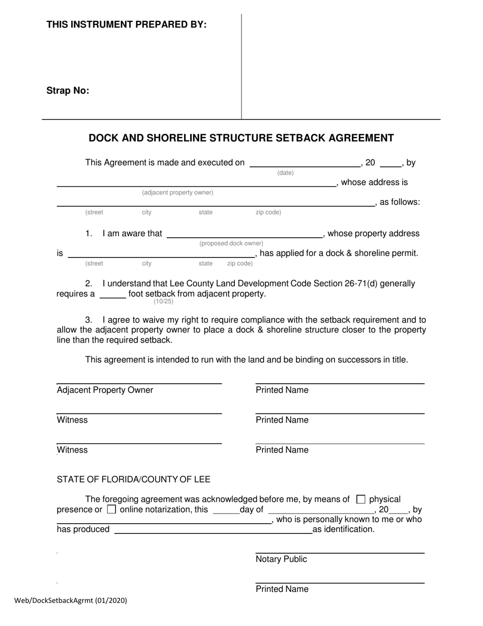 Dock and Shoreline Structure Setback Agreement - Lee County, Florida, Page 1