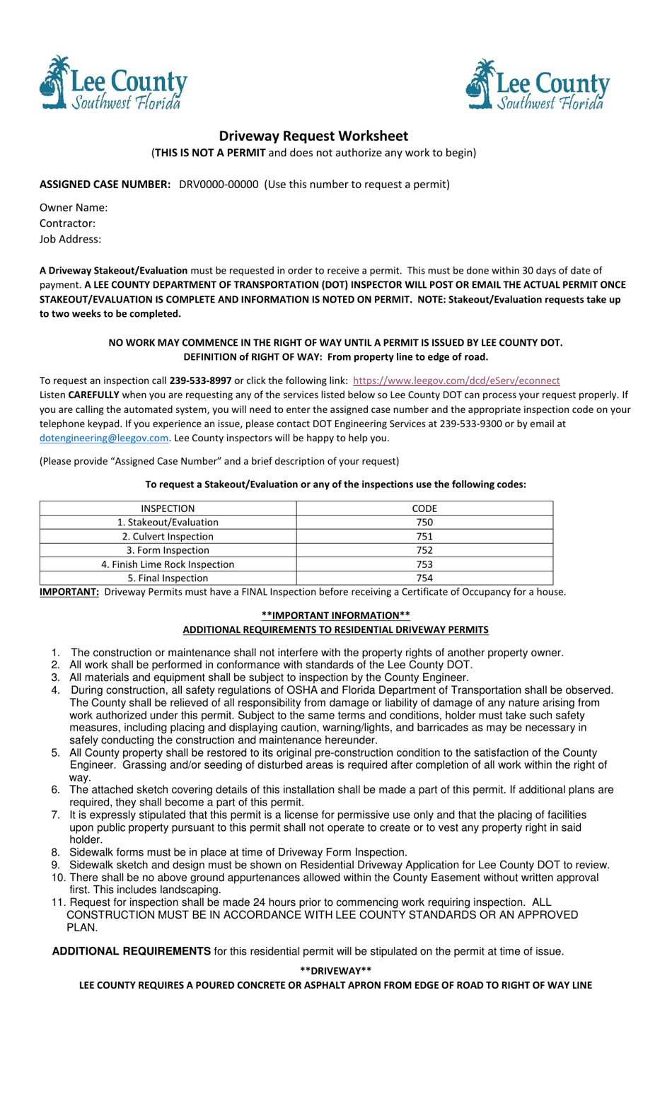 Lee County, Florida Driveway Request Worksheet Fill Out, Sign Online