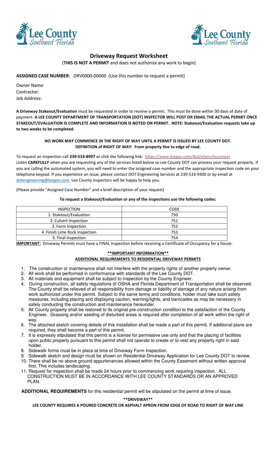 Driveway Request Worksheet - Lee County, Florida, Page 1