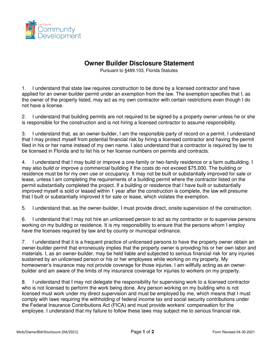 Lee County, Florida Owner Builder Disclosure Statement Fill Out, Sign Online and Download PDF
