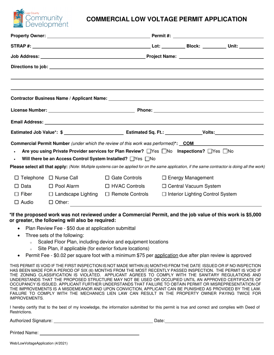 Lee County, Florida Commercial Low Voltage Permit Application Fill