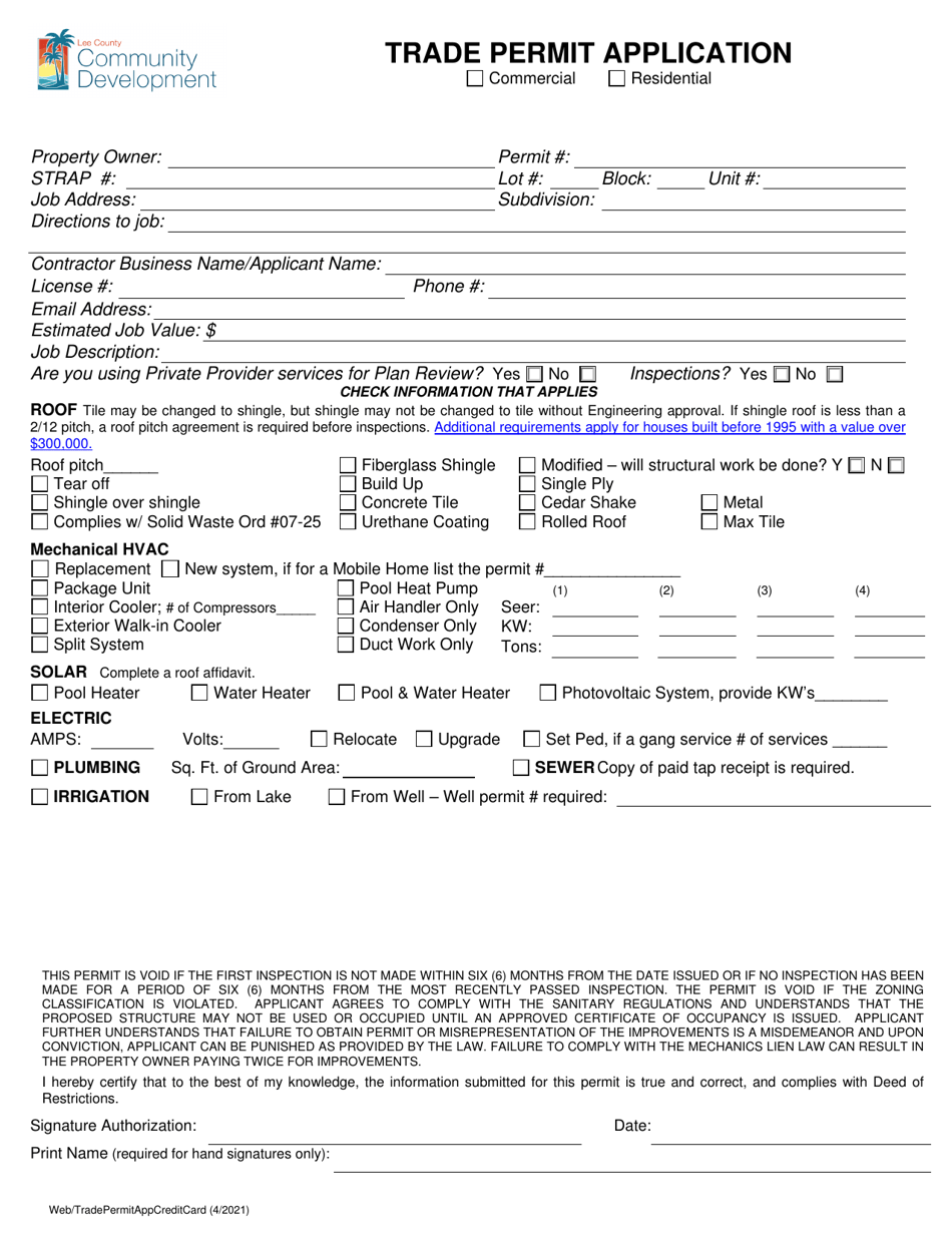 Trade Permit Application - Lee County, Florida, Page 1