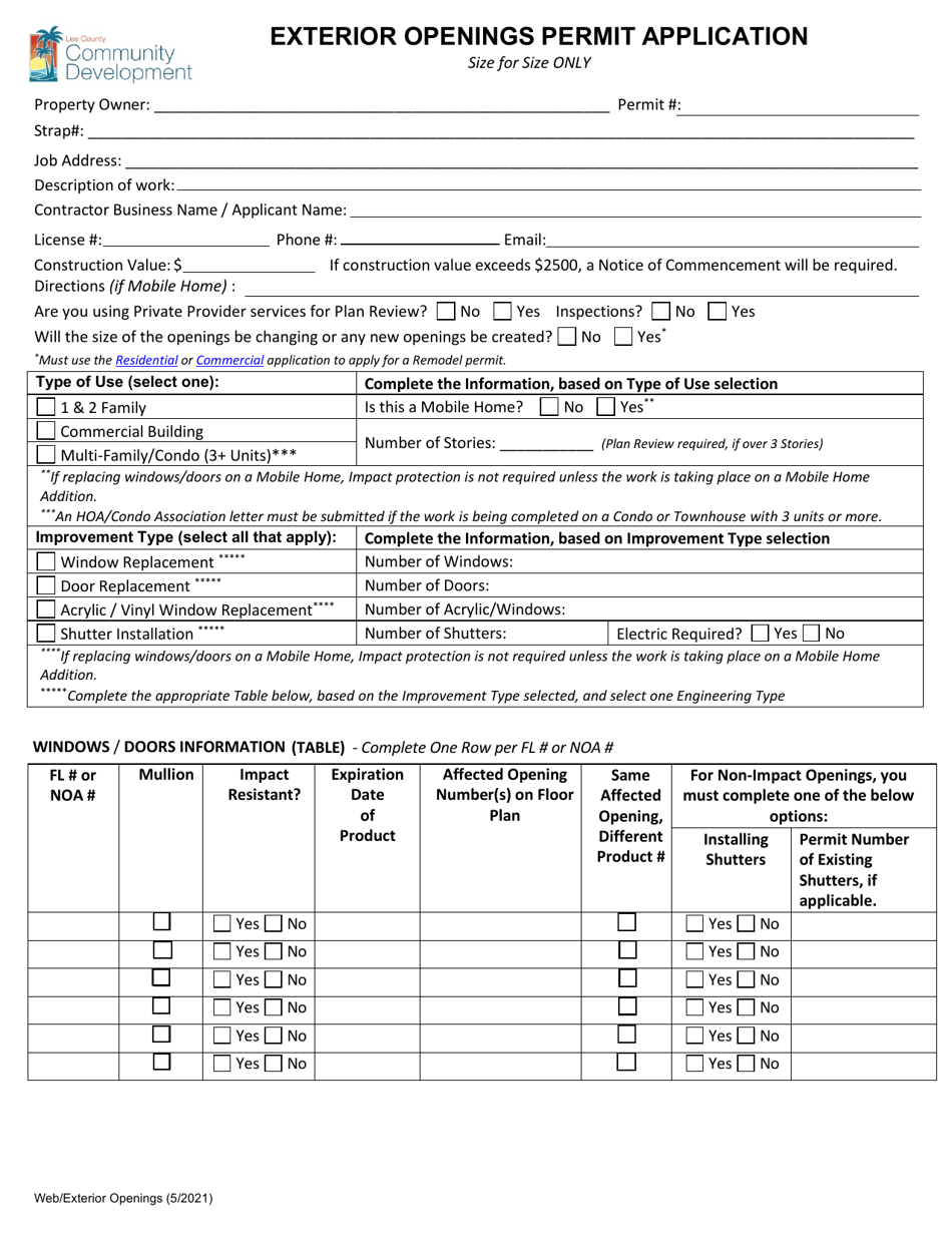Exterior Openings Permit Application - Lee County, Florida, Page 1