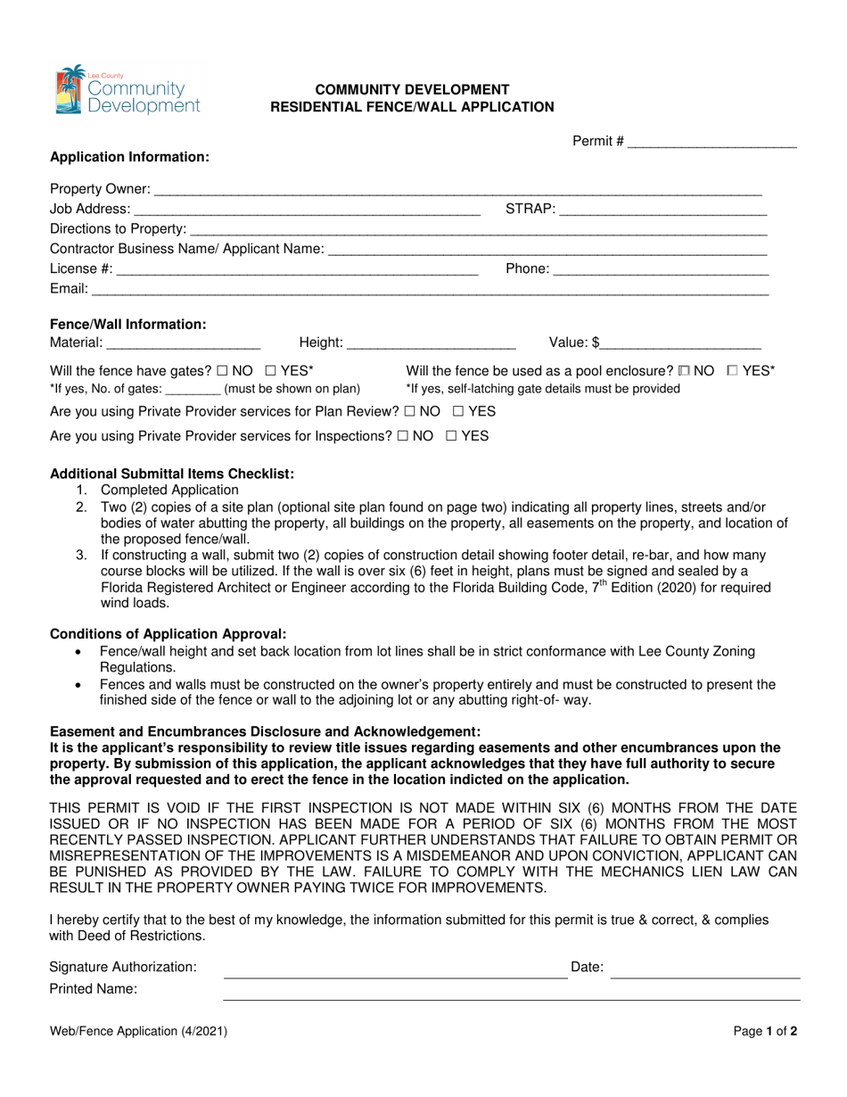 Lee County, Florida Residential Fence/Wall Application Fill Out, Sign