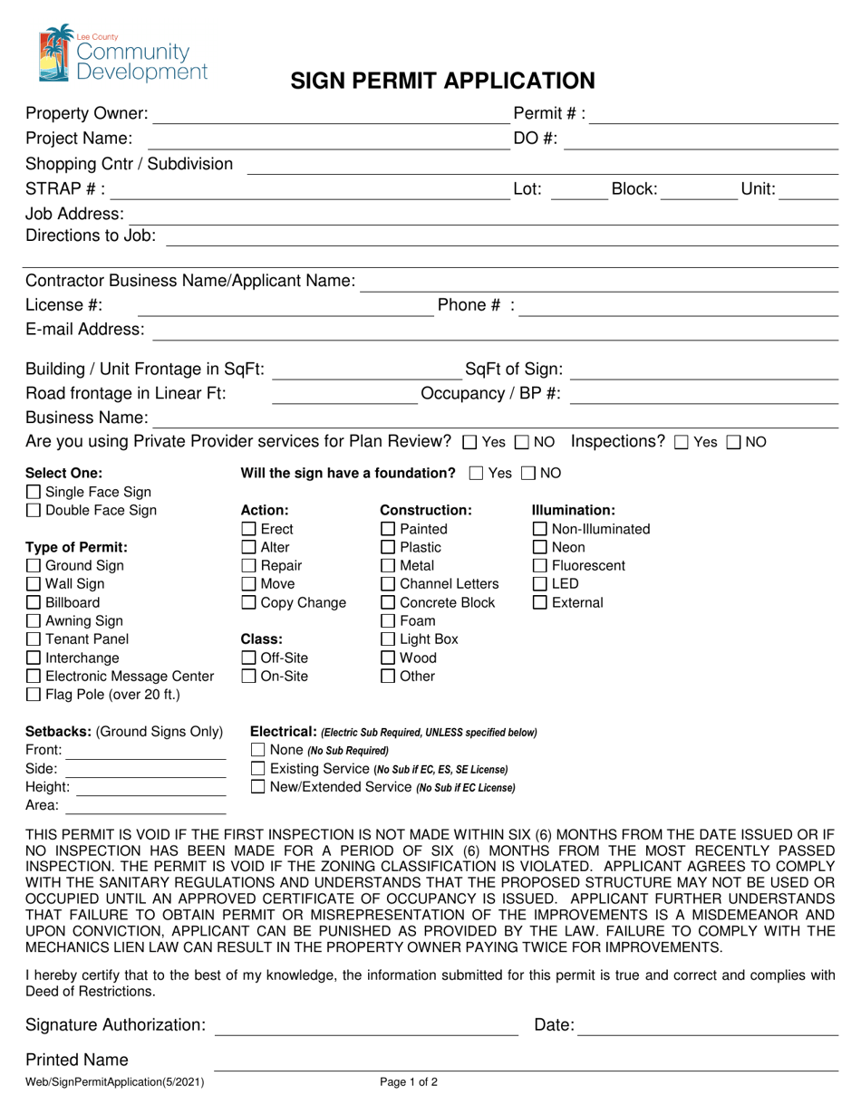 Sign Permit Application - Lee County, Florida, Page 1