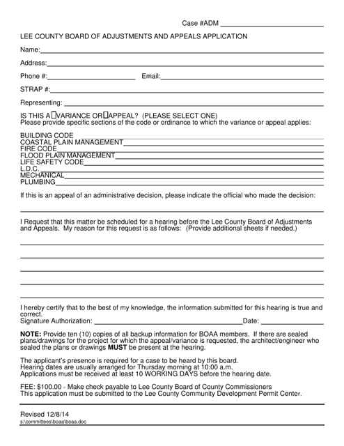 Lee County Board of Adjustments and Appeals Application - Lee County, Florida Download Pdf