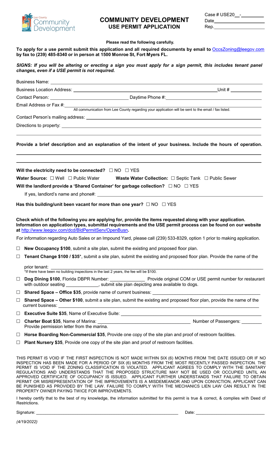 Use Permit Application - Lee County, Florida, Page 1