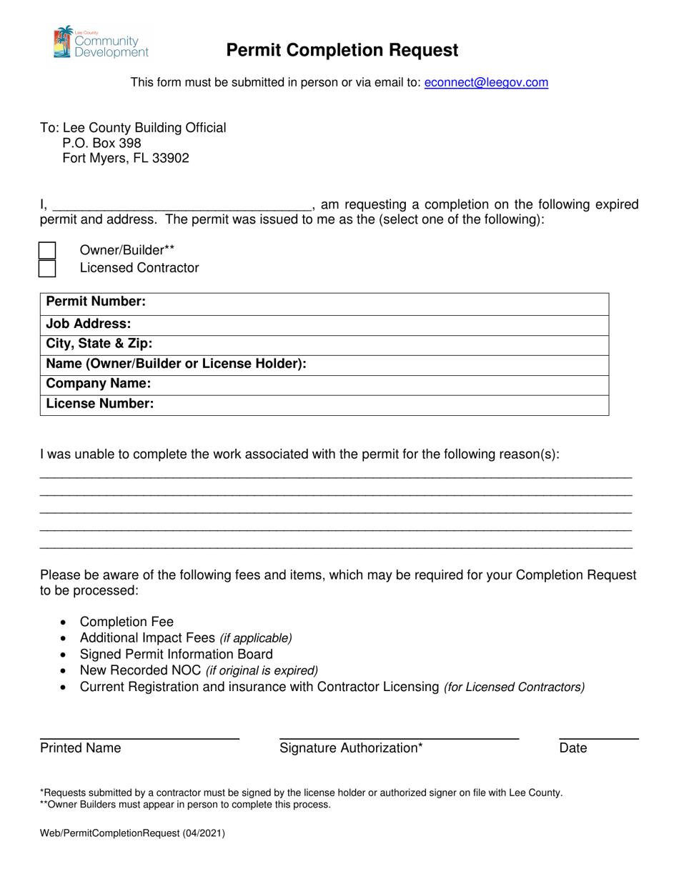 Lee County, Florida Permit Completion Request Fill Out, Sign Online