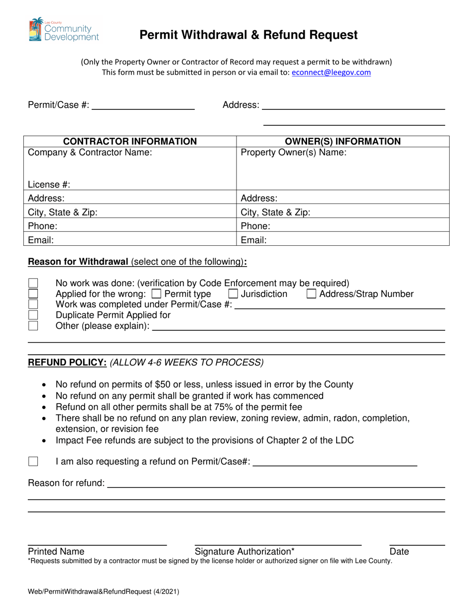 Permit Withdrawal  Refund Request - Lee County, Florida, Page 1