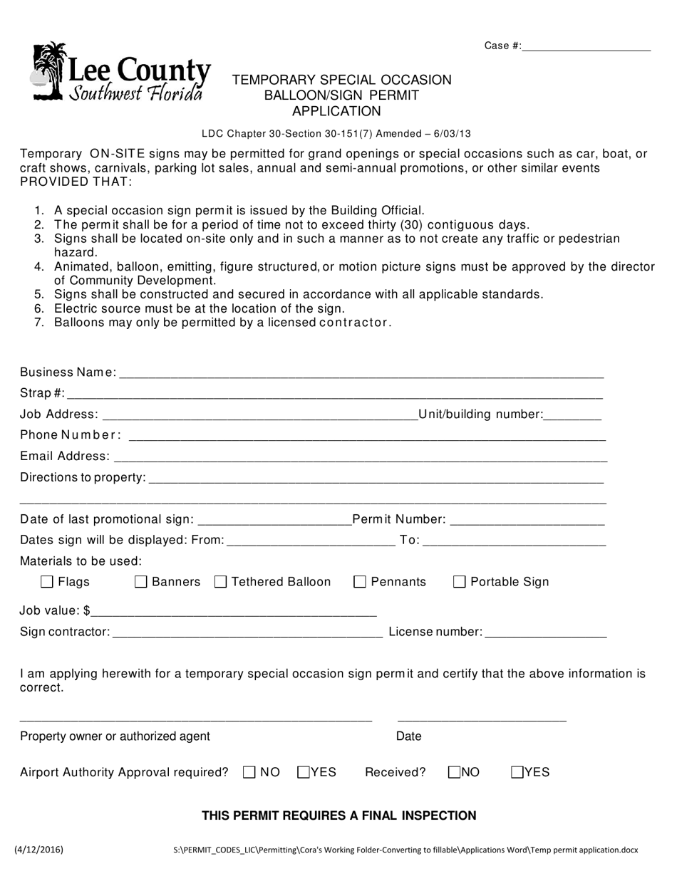 Temporary Special Occasion Balloon / Sign Permit Application - Lee County, Florida, Page 1