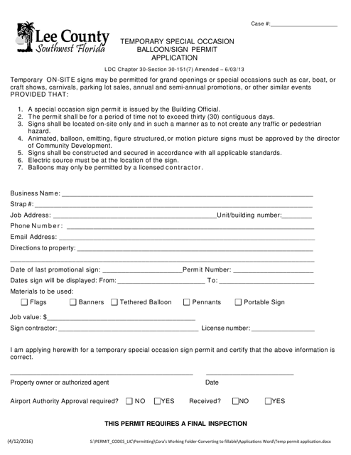 Temporary Special Occasion Balloon / Sign Permit Application - Lee County, Florida Download Pdf