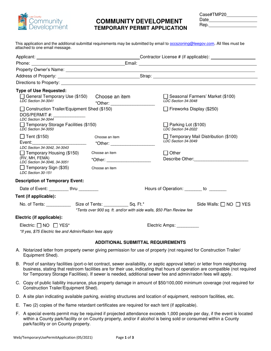 Temporary Use Permit Application - Lee County, Florida, Page 1