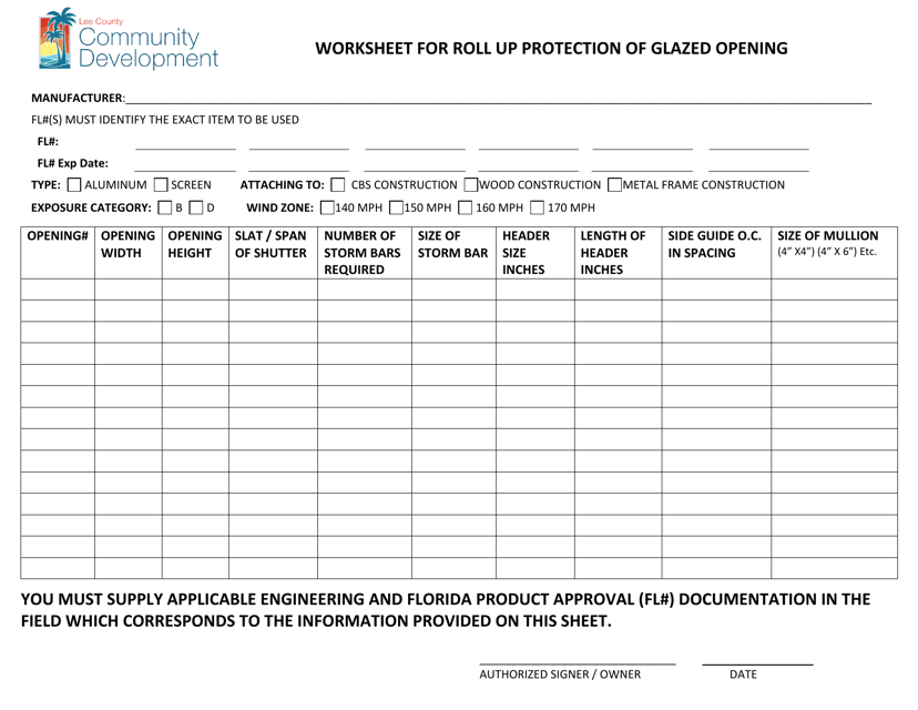 Worksheet for Roll up Protection of Glazed Opening - Lee County, Florida Download Pdf