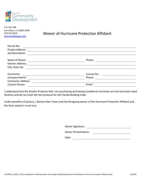Lee County, Florida Waiver of Hurricane Protection Affidavit Download  Fillable PDF | Templateroller