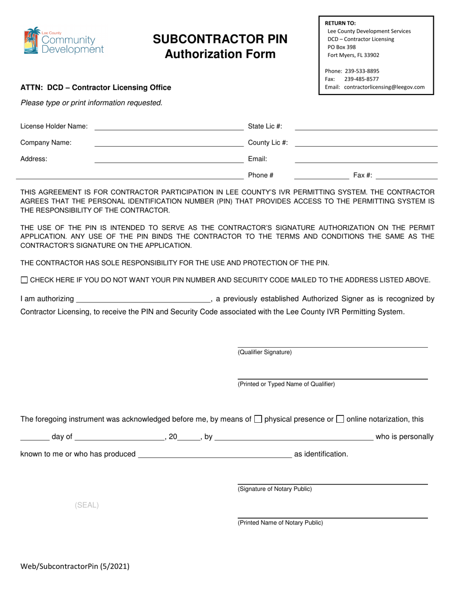 Subcontractor Pin Authorization Form - Lee County, Florida, Page 1