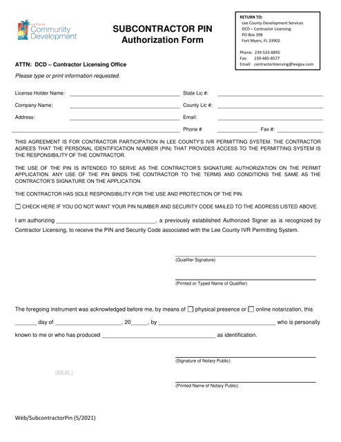 Subcontractor Pin Authorization Form - Lee County, Florida Download Pdf