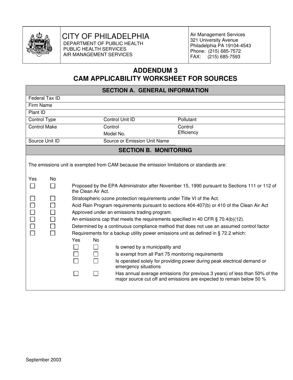 Addendum 3 Cam Applicability Worksheet for Sources - City of Philadelphia, Pennsylvania, Page 1
