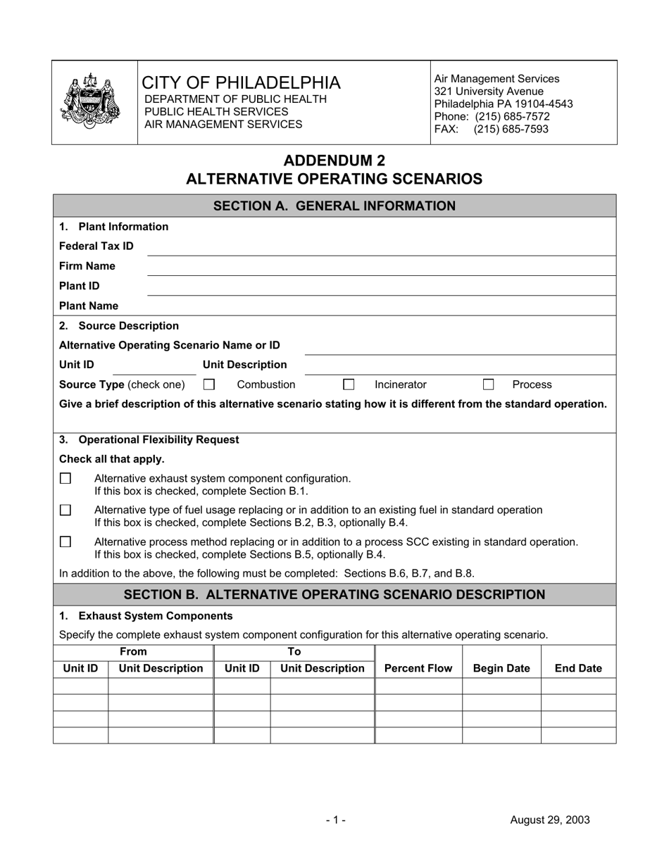 Addendum 2 Alternative Operating Scenarios - City of Philadelphia, Pennsylvania, Page 1