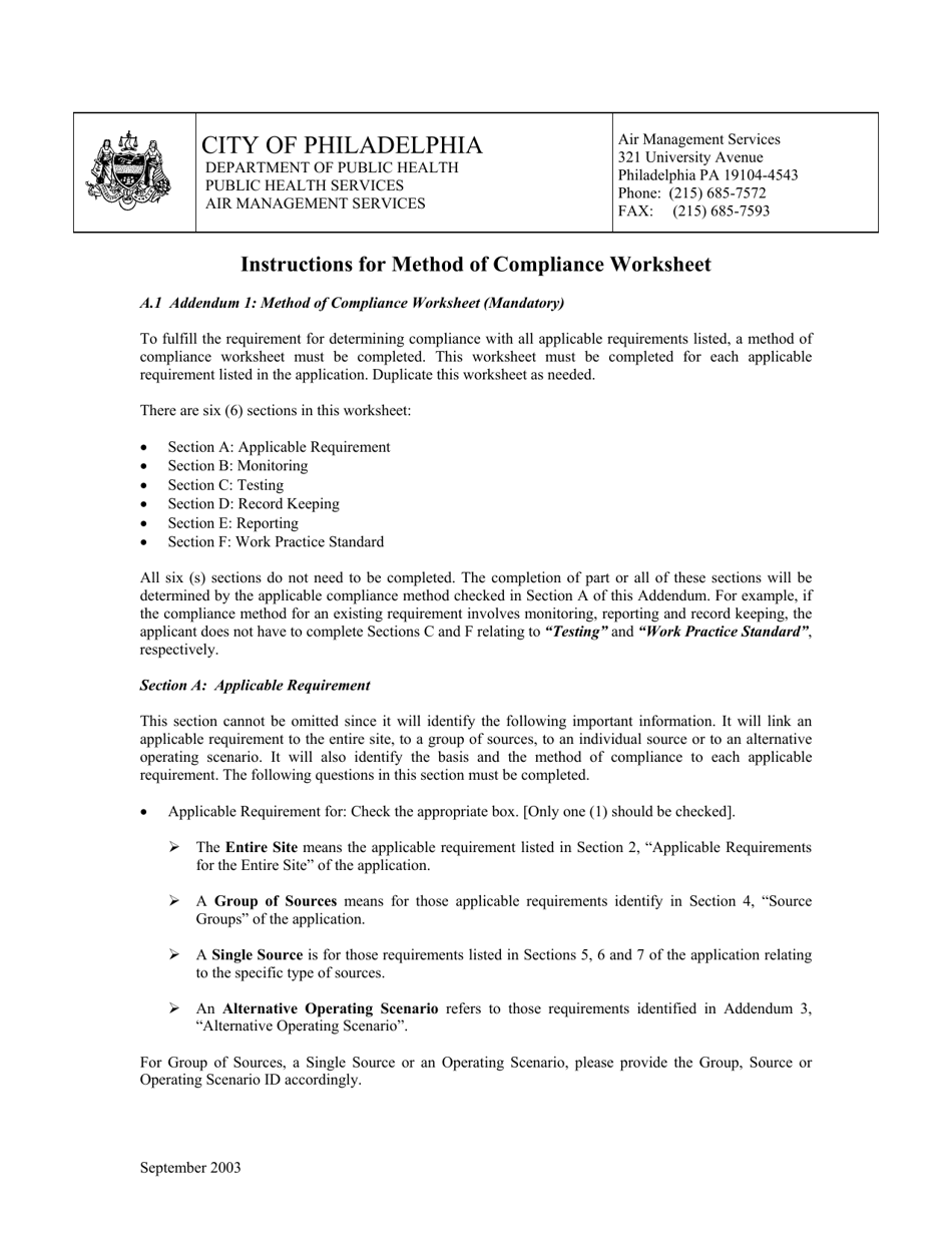 Instructions for Addendum 1 Method of Compliance Worksheet - City of Philadelphia, Pennsylvania, Page 1