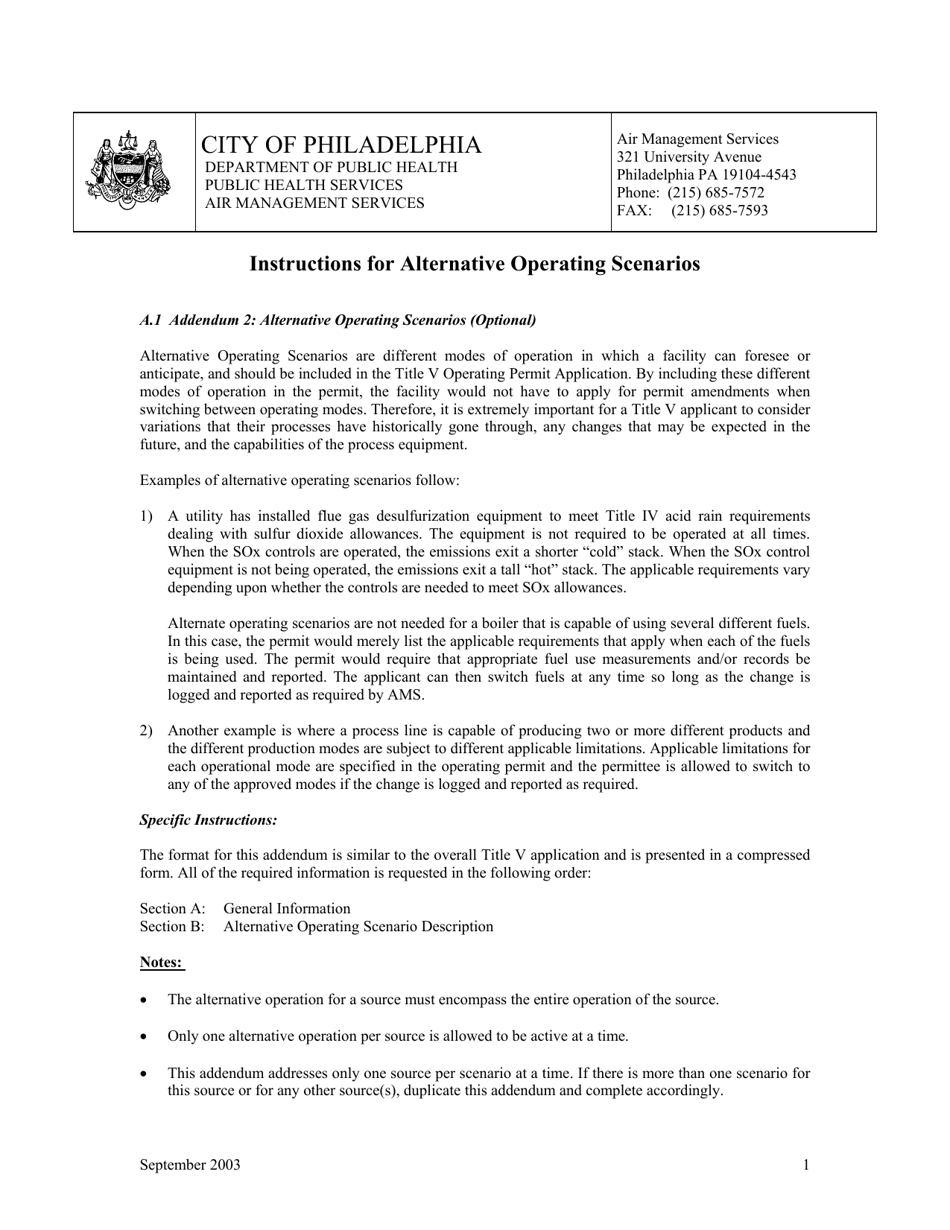 Instructions for Addendum 2 Alternative Operating Scenarios - City of Philadelphia, Pennsylvania, Page 1