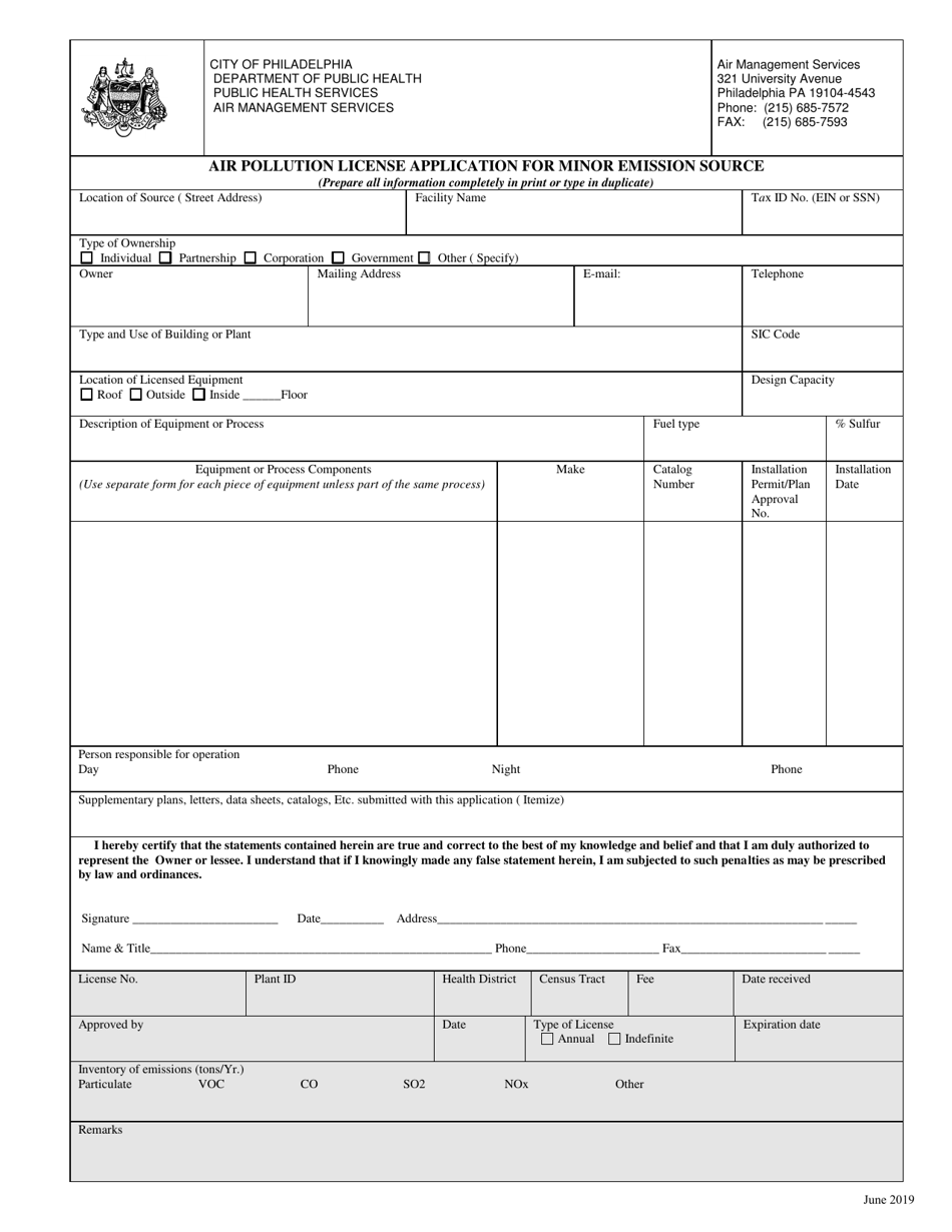 Air Pollution License Application for Minor Emission Source - City of Philadelphia, Pennsylvania, Page 1