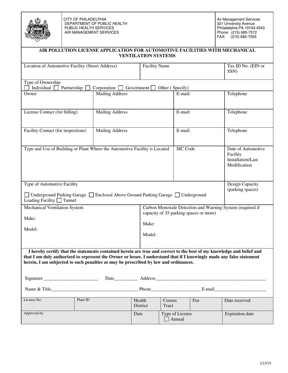 Air Pollution License Application for Automotive Facilities With Mechanical Ventilation Systems - City of Philadelphia, Pennsylvania, Page 1