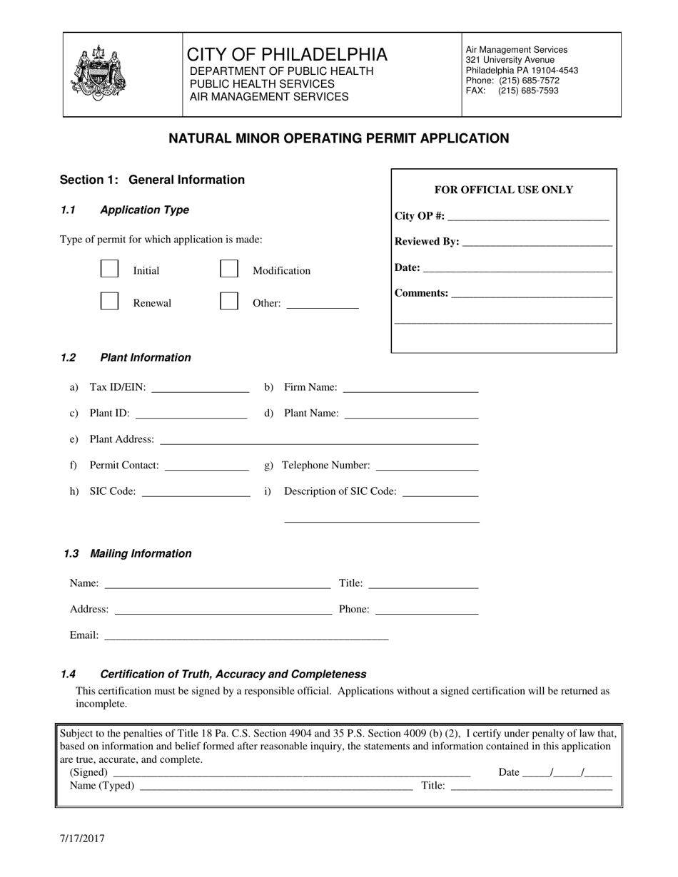 Natural Minor Operating Permit Application - City of Philadelphia, Pennsylvania, Page 1