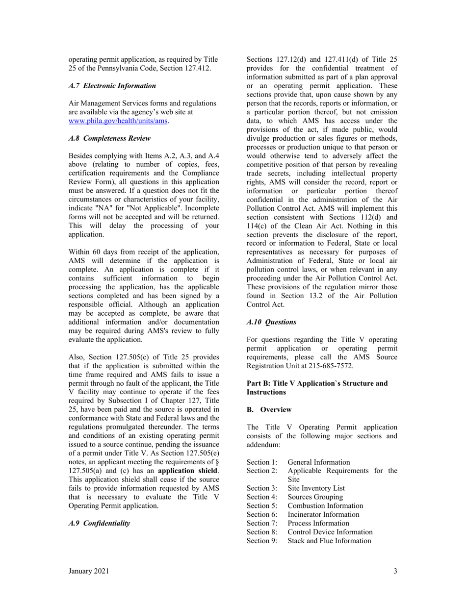 Instructions for Title V Operating Permit - City of Philadelphia, Pennsylvania, Page 3