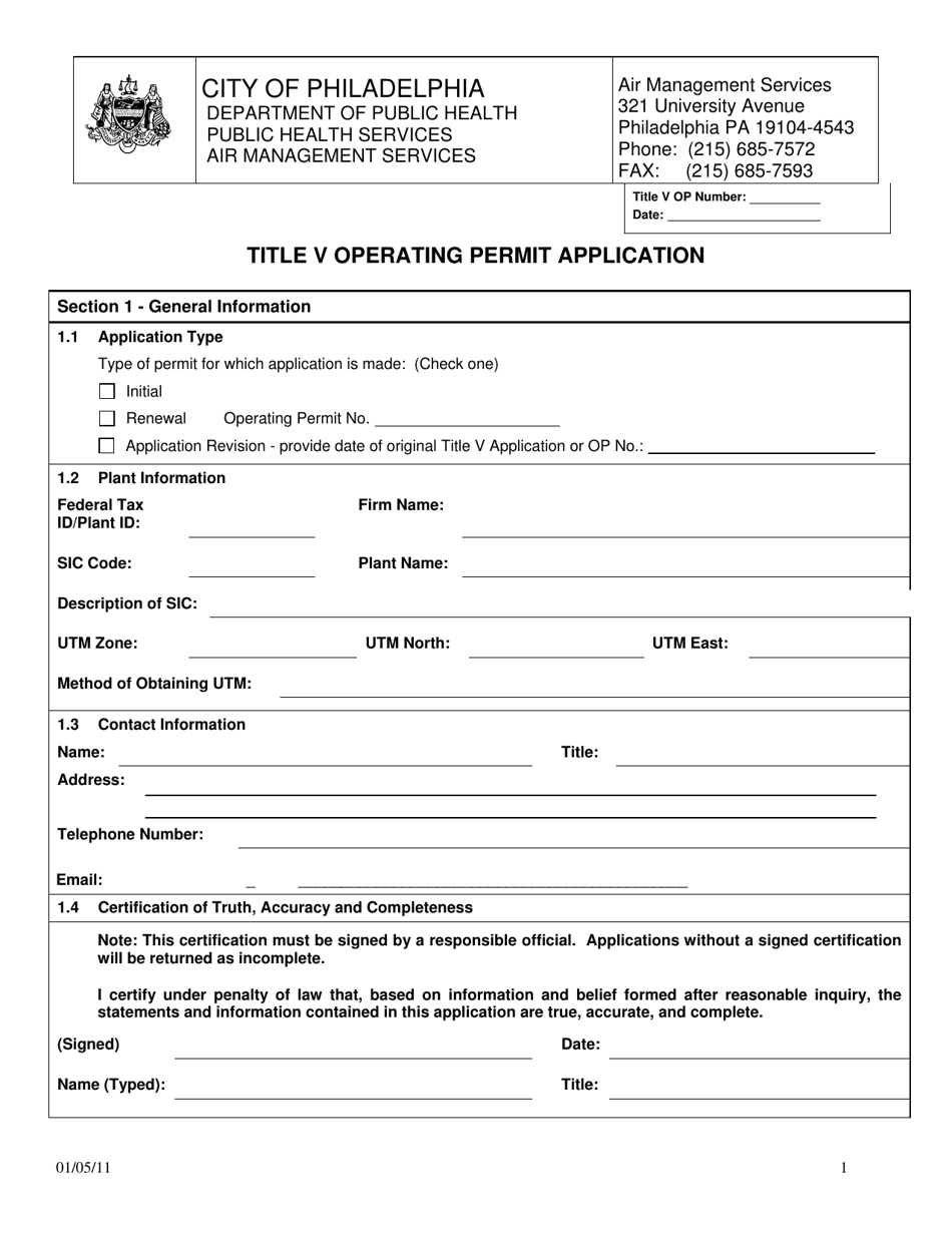 Title V Operating Permit Application - City of Philadelphia, Pennsylvania, Page 1
