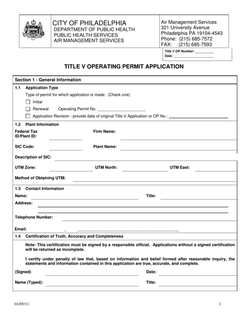 Title V Operating Permit Application - City of Philadelphia, Pennsylvania Download Pdf