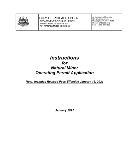 Instructions for Natural Minor Operating Permit Application - City of Philadelphia, Pennsylvania Download Pdf