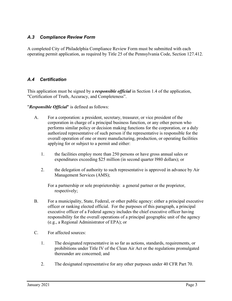 Instructions for Natural Minor Operating Permit Application - City of Philadelphia, Pennsylvania, Page 3