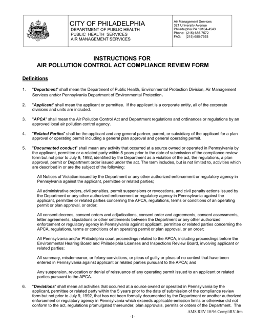 Air Pollution Control Act Compliance Review Form - City of Philadelphia, Pennsylvania Download Pdf