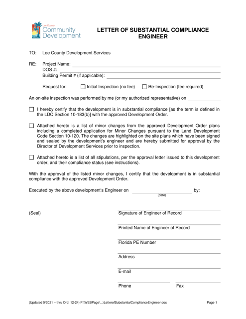 Letter of Substantial Compliance Engineer - Lee County, Florida Download Pdf